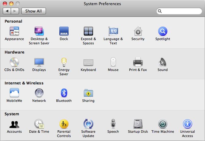 Mac OS X 10.6 Snow Leopard System Preferences (2009)